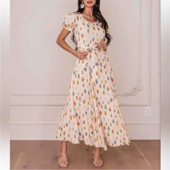 JessaKae (XL) Madrigal Dress Cream Bohemian Puff Sleeve Tie Waist Midi Dress - Picture 2 of 12